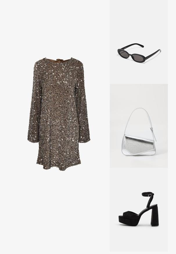 Robe à manches longues en tissu marron recouverte de sequins argentés, avec un col rond et un nœud dans le dos. Surface réfléchissante et texturée.; Sandales à plateforme noires avec texture en daim, large courroie à l'avant, courroie pour la cheville avec boucle et talon épais. Design élégant et moderne.; Even&Odd by Zalando Lunettes de soleil - black; Sac à main en métal argenté de forme triangulaire, texture lisse et fine bandoulière réglable. Présente un design rabat avec couture.