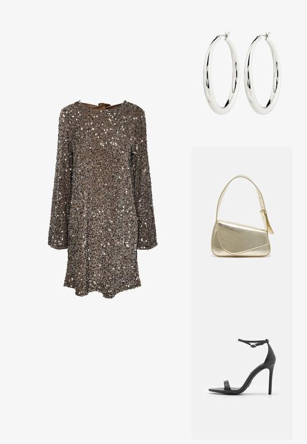 Langärmliges Kleid aus braunem Stoff, der mit silbernen Pailletten besetzt ist, mit einem runden Ausschnitt und einer Schleifenapplikation am Rücken. Reflektierende und strukturierte Oberfläche.; Schwarze High Heels Sandalen mit offener Zehe, dünnen Riemen und Knöchelverschluss. Glatte Ledertextur mit spitzem Zehendesign.; Goldfarbene metallische Handtasche mit strukturiertem Design, glatter Textur und verstellbarem Tragegurt. Sie verfügt über eine einzigartige dreieckige Form und minimalistische Nähte.; Silberne Creolen mit einer glatten, reflektierenden Oberfläche. Runde, große Form mit einem sicheren Verschluss an der Oberseite. Polierte Oberfläche betont den Glanz.