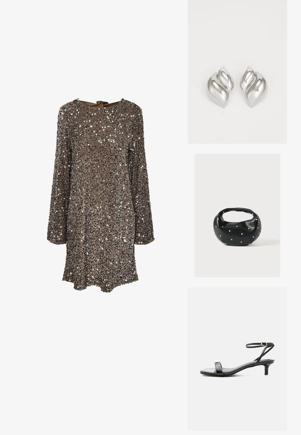 Vestido de manga larga con tela marrón cubierta de lentejuelas plateadas, con un escote redondo y un detalle de lazo en la parte posterior. Superficie reflectante y texturizada.; Sandalia de cuero negro con punta abierta, tacón bajo tipo ‘‘kitten’’, tirante fino en el tobillo con hebilla dorada y detalle decorativo dorado en la tira delantera.; Bolso de mano de cuero negro con forma redondeada, decorado con detalles de tachuelas plateadas y un asa corta. Textura lisa y cierre con cremallera.; Pendientes de plata con una forma orgánica y abstracta. Superficie lisa y brillante con un diseño cónico. Presentan suaves curvas y un detalle de línea central.