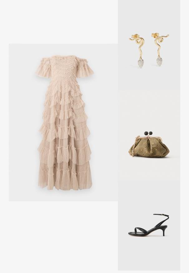 Robe longue décolletée beige clair, avec des volants superposés à texture ponctuée. Corsage ajusté avec manches évasées.; Sandale pour femme en cuir noir avec fines lanières, une boucle d'orteil, une boucle à la cheville et un talon aiguille de hauteur moyenne sur un fond neutre.; Petite pochette avec motif géométrique doré et noir, cadre en métal doré, fermeture à boule noire et une courte chaîne dorée.; Boucles d'oreilles en or avec un design en spirale, présentant une forme de goutte d'eau ornée de cristaux transparents scintillants. Fermeture à tige sécurisée.