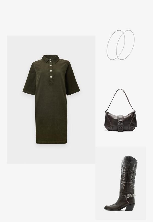 Vestido de pana verde oscuro con mangas cortas, cuello y cuatro botones plateados en el cierre frontal.; Bota cowboy de cuero negro con recortes decorativos, hebilla plateada y tacón inclinado, presentada sobre fondo blanco.; Bolso de hombro de cuero marrón con forma curva, que presenta un prominente detalle de hebilla, costuras en contraste y una sola correa para el hombro.; Pendientes de aro plateados con un diseño minimalista. Forma circular, textura suave y perfil delgado. Livianos con un acabado pulido.