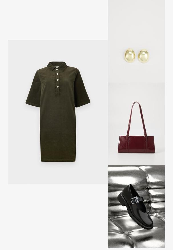 Dunkelgrünes Corduroykleid mit kurzen Ärmeln, Kragen und vier silbernen Knöpfen entlang der Vorderseite.; Schwarze Leder-Mary-Jane-Schuhe mit quadratischer Zehenform, einem silbernen Schnallenakzent und einem robusten, niedrigen Absatz, vor einem glänzenden silbernen Hintergrund.; Burgunderfarbene Handtasche aus glänzendem Material, rechteckige Form, mit zwei Schulterriemen und subtilen, geschwungenen Akzenten an der Vorderseite.; Goldfarbene Metallstanzohrringe mit einer glatten, abgerundeten Form und polierter Oberfläche. Einfaches Design ohne zusätzliche Verzierungen.
