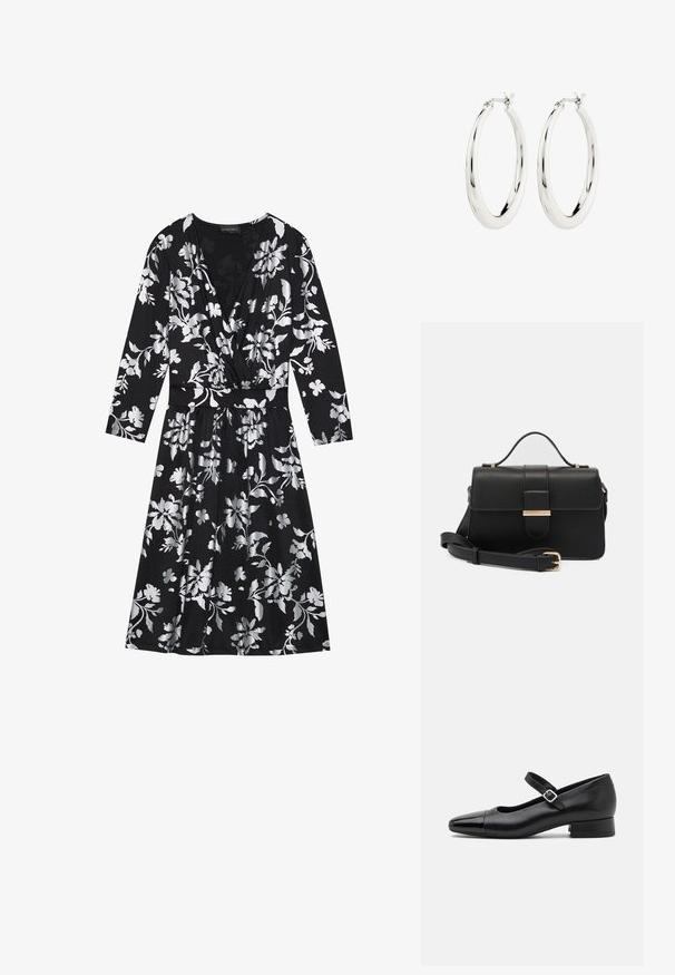 Vestido negro con flores de manga larga, con patrones florales plateados, un escote en V y una cintura ceñida con un cinturón. Tejido suave con una falda fluida.; Zapatos Mary Jane de cuero negro con puntera de charol, correa de tobillo ajustable y tacón bajo. Textura suave y diseño elegante.; Bolso de mano de cuero negro con acentos metálicos dorados, forma rectangular, cierre con solapa, correa de hombro ajustable, textura suave, diseño minimalista.; Pendientes de aro de plata con un acabado suave y brillante. Forma circular, con un cierre seguro. Diseño sencillo y elegante.