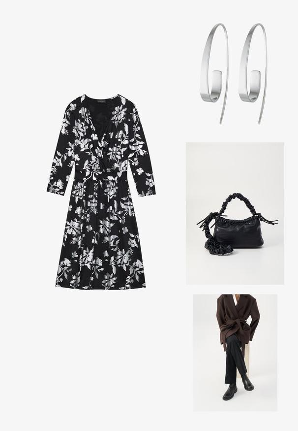 Schwarzes Blumenkleid mit langen Ärmeln, das silberne Blumenmuster, einen V-Ausschnitt und eine taillierte Taille aufweist. Weicher Stoff mit einem fließenden Rock.; Brauner Wollmischungs-Mantel mit Gürtel, getragen über einem weißen Hemd und schwarzen Hosen, kombiniert mit schwarzen Chelsea-Stiefeln, vor einem weißen Hintergrund.; Schwarze Handtasche aus Kunstleder mit Krokodilstruktur, gerafftem oberen Teil und einem geschoppten Tragegurt. Sie wirkt weich und kompakt im Design.; Silberne Creolen mit einem schlanken, elongated Design. Aus poliertem Metall gefertigt, zeichnen sie sich durch eine glatte Textur und einen minimalistischen Stil aus.