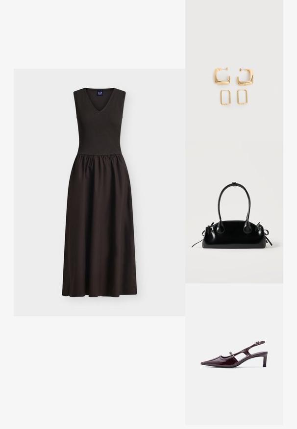 Robe noire sans manches avec un haut côtelé ajusté à col en V et une jupe froncée et fluide s'étendant jusqu'au milieu du mollet.; Chaussure slingback en cuir verni bordeaux avec bout pointu, talon bas et double bride à boucle réglable.; Petit sac à main noir brillant avec deux longues anses et des détails à cordon sur les côtés sur un fond clair uni.; Deux paires de Boucles d'oreilles créoles géométriques dorées sur une surface blanche unie, une paire carrée et pleine, une paire rectangulaire et creuse.