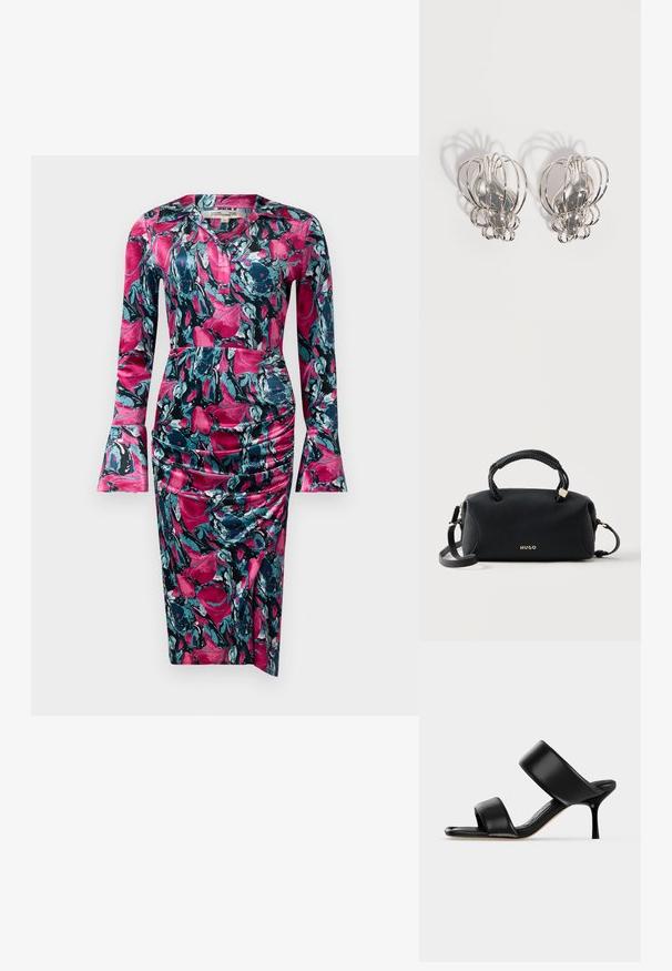 Diane von Furstenberg ZANE DRESS - Juhlamekko - indian pink; Mustasta nahasta valmistettu mule-sandaali, jossa on kaksi leveää hihnaa ja kapea keskipitkä piikkikorko, yksinkertaisella vaalealla taustalla.; Musta Hugo-laukku punotuilla yläkahvoilla, kullanvärisillä metalliosilla ja irrotettavalla olkahihnalla, yksinkertaisella vaalealla taustalla.; Pari hopeanvärisiä metallikorviksia, joissa on avoin langanhäkki ja sileä keskimmäinen soikion muotoinen osa, joka heittää kaarevia varjoja valkoisella taustalla.