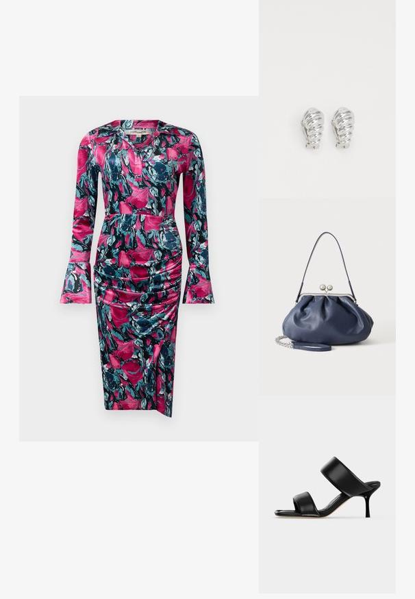 Diane von Furstenberg ZANE DRESS - Kokteilikleit/peokleit - indian pink; Mustast nahast mule-tüüpi sandaal kahe laia rihmaga ja õhukese keskmise kõrgusega kontsaga lihtsal heledal taustal.; Pehme tumesinine nahast käekott hõbedase klambriga, ühe õlarihmaga ja eemaldatava ketiga randmerihmaga valgel taustal.; Hõbedased klamber kõrvarõngad, millel on spiraalne disain, millel on sile metalliline tekstuur ja ümarad kujundid. Nähtavad ehted või mustrid puuduvad.