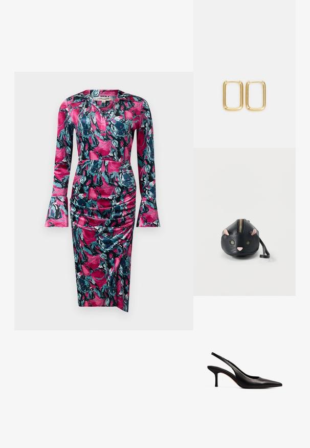 Diane von Furstenberg ZANE DRESS - Cocktailkjole / festkjole - indian pink; NA-KD Pumps - black; Guldmetalløshængere med firkantet form, glatte kanter og en poleret overflade, der reflekterer lys med en blank finish.; Sort pung formet som et katteansigt med lyserøde ører, næse, grønne øjne, knurhår og en øverste lynlås med håndledsrem.