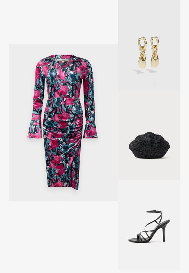Diane von Furstenberg ZANE DRESS - Cocktailjurk - indian pink; Zwarte hoge hakken sandaal met dunne banden, een enkelgesp, een gladleren oppervlak en een slanke stilettohak.; Zwarte gevlochten handtas in de vorm van een sint-jakobsschelp met een gebogen bovenkant en een geweven textuur op een effen achtergrond.; Gouden creolen met een verbonden ontwerp en een gladde, druppelvormige accent. De reflecterende afwerking vergroot de visuele aantrekkingskracht.