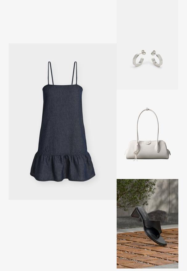 Robe sans manches bleu foncé avec fines bretelles et un ourlet à volants, fabriquée dans un tissu similaire au denim.; Sandale à talon noire Calvin Klein avec boucle pour l’orteil, posée sur un sol en carreaux de bois en extérieur, près d’un arbre et d’un mur en pierre.; Sac à bandoulière blanc Calvin Klein avec longues poignées, forme rectangulaire, fermeture éclair et charm logo décoratif suspendu près de la poignée.; Boucles d'oreilles en métal argenté avec un design texturé, dotées d'un petit fermoir et d'une marque sur une des hoops. Forme arrondie avec une finition polie.