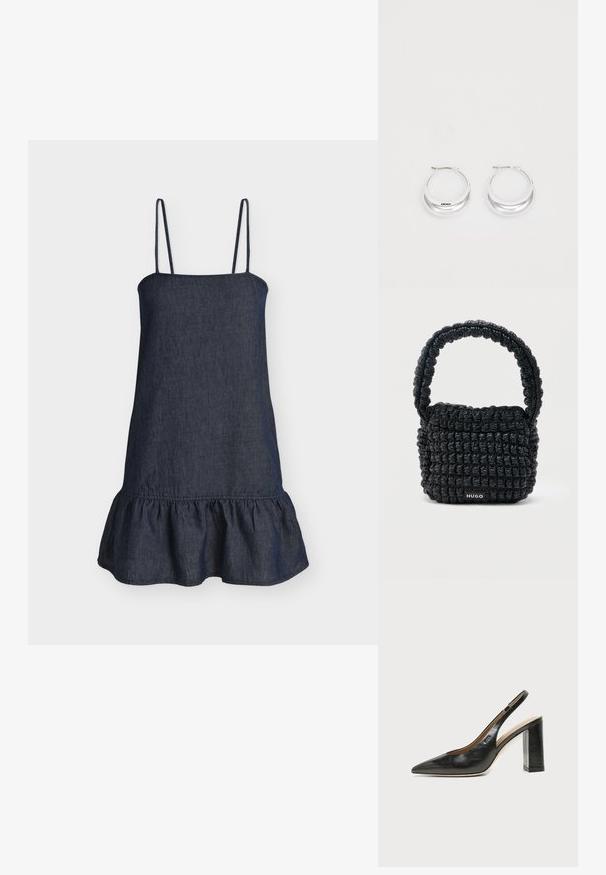 Robe sans manches bleu foncé avec fines bretelles et un ourlet à volants, fabriquée dans un tissu similaire au denim.; Chaussure slingback en cuir noir à bout pointu avec un talon bloc haut et une doublure intérieure beige sur un fond clair uni.; Petit sac à main noir matelassé avec une poignée courte rembourrée et une étiquette "HUGO" à l'avant, présenté sur un fond clair uni.; Boucles d'oreilles en argent avec une finition polie et un branding DKNY, présentées sur un fond blanc uni.