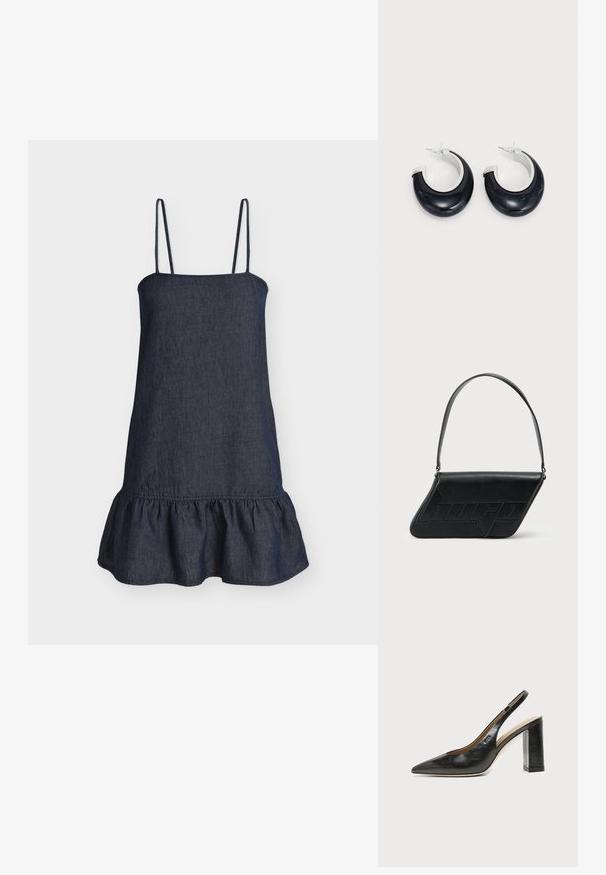 Robe sans manches bleu foncé avec fines bretelles et un ourlet à volants, fabriquée dans un tissu similaire au denim.; Chaussure slingback en cuir noir à bout pointu avec un talon bloc haut et une doublure intérieure beige sur un fond clair uni.; Sac d'épaule en cuir noir de forme triangulaire, avec un logo embossé et une seule bandoulière réglable. Design minimaliste avec une texture lisse.; Boucles d'oreilles en résine noire avec une finition brillante et des accents en métal argenté. Forme circulaire avec une découpe et une fermeture à tige.