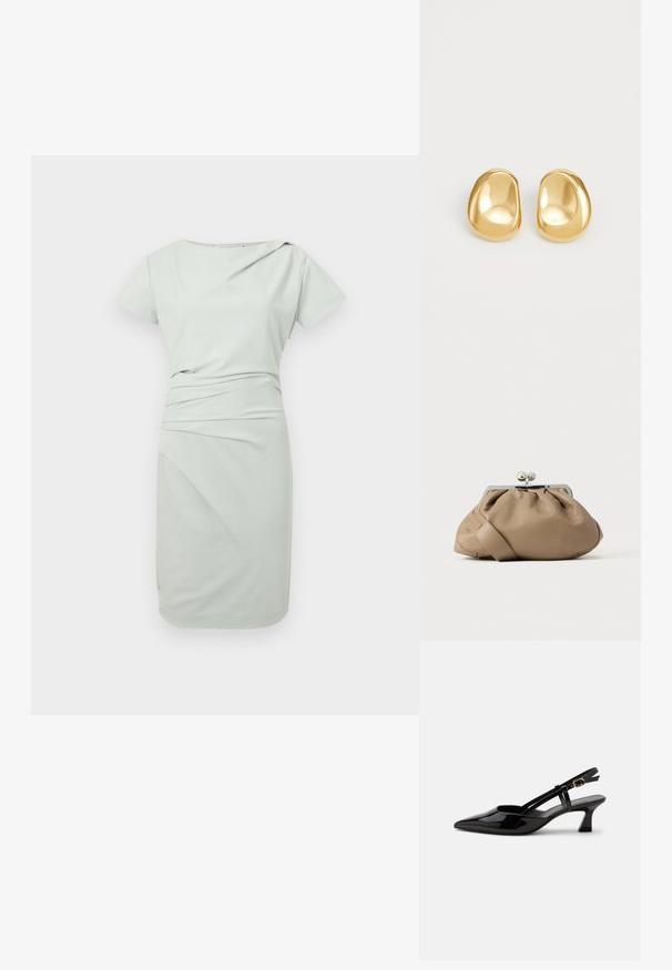 Lichtgroen knielang jurkje met korte mouwen, asymmetrische halslijn en geplooid stofdetail op de taille.; Zwarte lakleren slingback kitten heel schoen met spitse neus en verstelbare gouden gespsluiting op een witte achtergrond.; Bruine leren handtas met een geplooid ontwerp en een zilveren sluiting. Voorzien van een smalle, platte band en een gladde textuur.; Gouden studs met een gladde, ronde vorm en een reflecterend oppervlak, met een minimalistisch ontwerp en zonder zichtbare patronen.