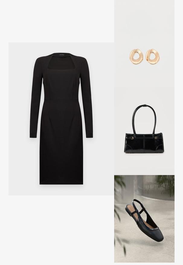 Robe noire à manches longues, longueur au genou, avec un décolleté carré et une silhouette ajustée.; Chaussure plate slingback en cuir noir avec un orteil carré, dotée d'un fini verni brillant et de sangles ajustables pour un maintien sécurisé.; Sac à main rectangulaire noir brillant avec deux fines bretelles et petits détails de boucles dorées à l'avant.; Paired boucles d'oreilles en métal doré poli de forme irrégulière avec un centre ouvert sur un fond blanc uni.