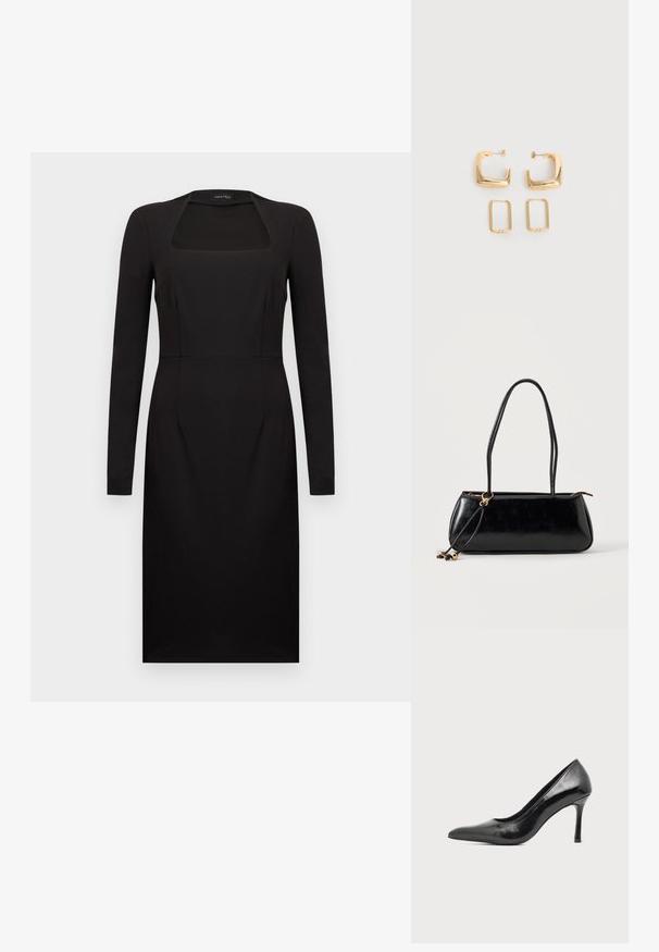 Robe noire à manches longues, longueur au genou, avec un décolleté carré et une silhouette ajustée.; Chaussure à talon haut pour femme en cuir verni noir avec bout pointu et talon fin sur fond clair uni.; Sac à main rectangulaire noir avec deux longues bandoulières, détail anneau doré et fermeture éclair sur un fond clair uni.; Deux paires de Boucles d'oreilles créoles géométriques dorées sur une surface blanche unie, une paire carrée et pleine, une paire rectangulaire et creuse.