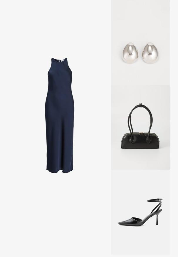 Á sleeveless, floor-length navy modrý saténový šaty s vysokým golierom a zapínaním na gombíky vzadu.; Čierny lodička na vysokom opätku so špicatou špičkou, tenkými remienkami okolo členku a striebornou prackou na jednoduchom svetlom pozadí.; Čierna kožená kabelka s dvoma predĺženými ušami, zipsovým uzáverom a zaobleným tvarom; hladký povrch s jemným lesklým nádychom.; Strieborné kovové ušné manžety so hladkým, zaobleným dizajnom pripomínajúcim tvar kvapky, s odrazovou povrchovou úpravou a bezšvovým dokončením.