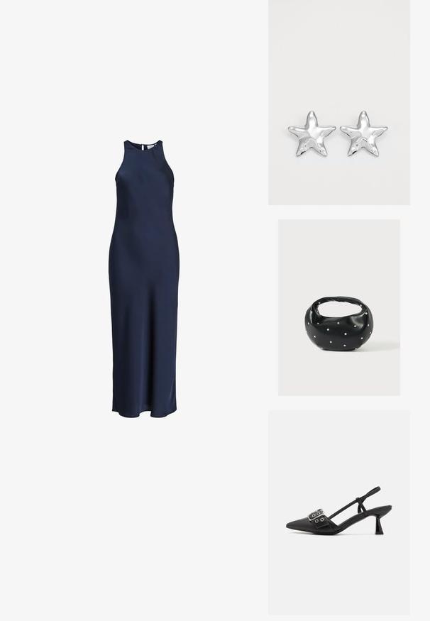 Lang, ærmeløs natblå satin-kjole med høj halsudskæring og knaplukning bagpå.; Simmi London DALA - Pumps - black; Sort læderhåndtaske med en rundet form, dekoreret med sølvnitter, og et kort håndtag. Glat tekstur og lynlåslukning.; Sølvstjernede øreringe med en poleret, blank overflade. Hver ørering har fem spidser og subtile teksturdetaljer på overfladen.