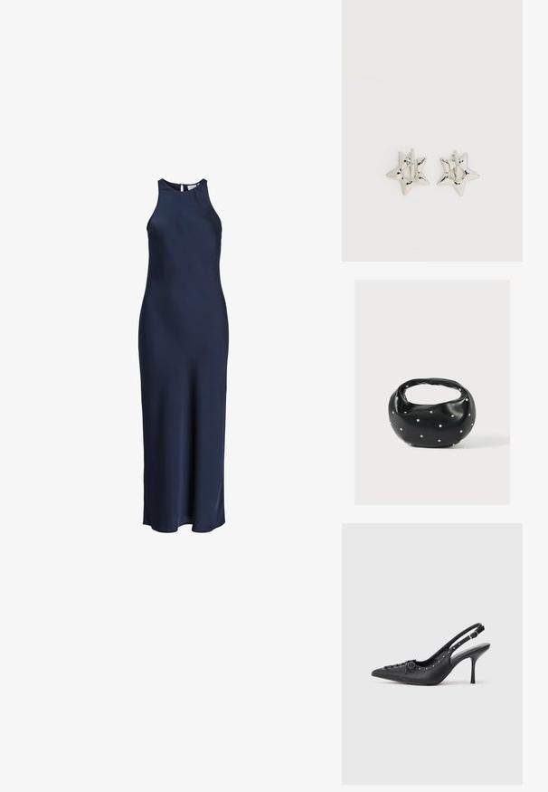 Á sleeveless, floor-length navy modrý saténový šaty s vysokým golierom a zapínaním na gombíky vzadu.; Čierne kožené slingback lodičky na ihličkovom podpätku s špicatou špičkou, bočným zipsom, cvokmi pozdĺž okraja a dekoračným šnurovaním na prednej strane.; Čierna kožená kabelka s zaobleným tvarom, zdobená striebornými cvočkami a krátkym rúčkou. Hladká textúra a zapínanie na zips.; Strieborné náušnice kruhy v tvare hviezdy s hladkým, lešteným povrchom na jednofarebnom bielom pozadí.
