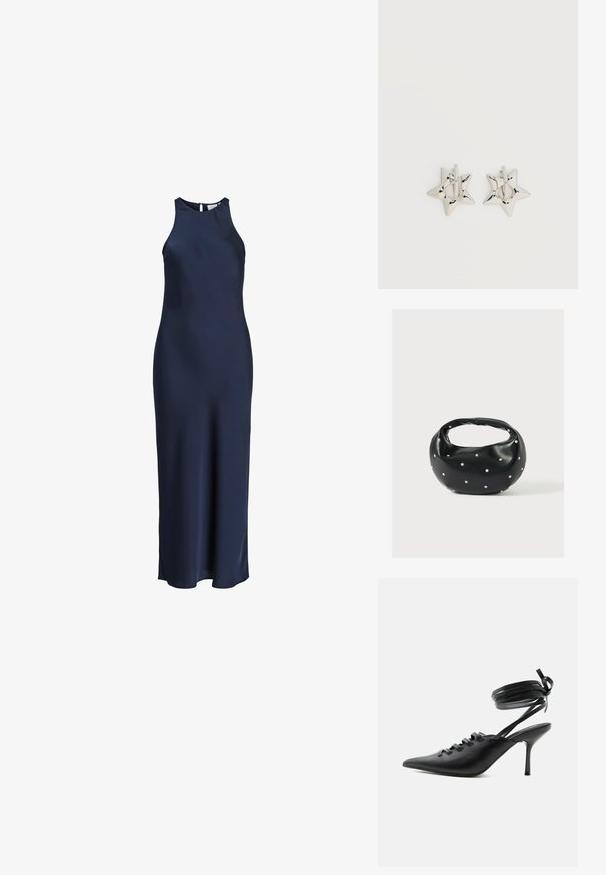 Á sleeveless, floor-length navy modrý saténový šaty s vysokým golierom a zapínaním na gombíky vzadu.; Čierna vysoká topánka na podpätku so špicatou špičkou, so šnurovaním vpredu a obťahovacími pásikmi okolo členku, zviazanými do mašle, zobrazená z boku na bielom pozadí.; Čierna kožená kabelka s zaobleným tvarom, zdobená striebornými cvočkami a krátkym rúčkou. Hladká textúra a zapínanie na zips.; Strieborné náušnice kruhy v tvare hviezdy s hladkým, lešteným povrchom na jednofarebnom bielom pozadí.