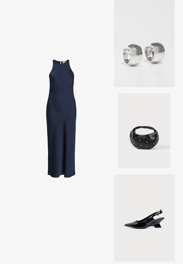 Ärmelloses, bodenlanges Satinkleid in Marineblau mit hohem Kragen und Knopfverschluss am Rücken.; Schwarzer Slingback-Schuh aus Lackleder mit spitzer Spitze und niedrigem, schrägem Blockabsatz auf einfachem hellem Hintergrund.; Schwarze Lederhandtasche mit abgerundeter Form, verziert mit silbernen Nietenakzenten und kurzem Griff. Glatte Struktur und Reißverschlussverschluss.; Uncommon Matters SCULPTURAL LARGE CREOLE - Ohrringe - silver-coloured