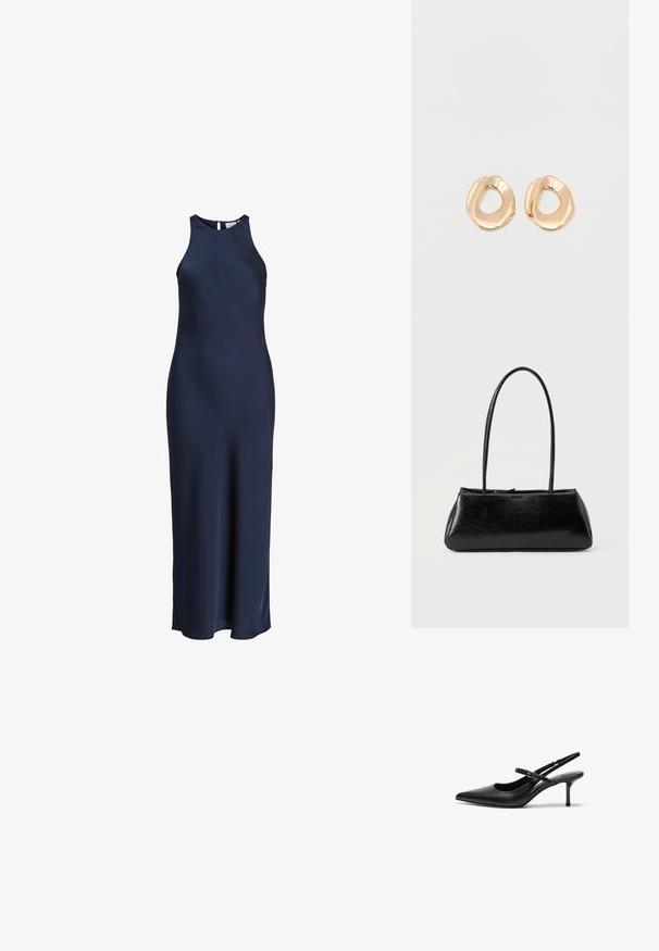 Lang, ærmeløs natblå satin-kjole med høj halsudskæring og knaplukning bagpå.; Sorte læder slingback hæle med spids tå, slank justerbar rem og en stiletto hæl på cirka 5 cm, glat tekstur.; Sort rektangulær skuldertaske med lange tynde stropper og en glat, blank tekstur på en ensfarvet baggrund.; Par af uregelmæssigt formede, polerede øreringe i guldfarvet metal med åben midte på en ens hvid baggrund.