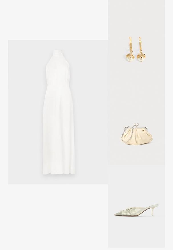 Weißes ärmelloses Maxikleid mit hohem Kragen, glattem Stoff, tailliertem Oberteil und fließendem Rock. Einfaches Design ohne sichtbare Muster.; Weißer Satinslipper mit spitzer Zehenpartie, gerafften Details und einem mittelhohen, schlanken Absatz auf einfarbigem Hintergrund.; Faltige beigefarbene Ledertasche mit einem silbernen Metallrahmen, ausgestattet mit zwei runden dekorativen Verschlüssen und einem silbernen Kettenriemen.; Goldene Creolen mit hängenden weißen Perlen, die in Gold gefasst sind, und kleinen klaren Kristallen auf einem schlichten hellen Hintergrund.