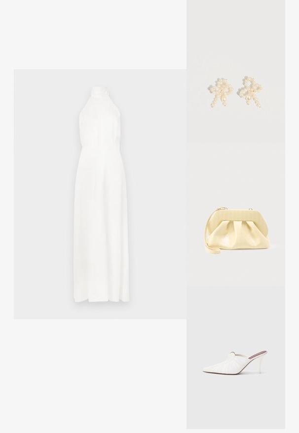 Vestido maxi sin mangas de color blanco con un alto collar, tejido suave, cuerpo ajustado y falda fluida. Diseño simple sin patrones visibles.; Mules blancos con punta afilada, textura plisada en la parte superior y un tacón de aguja delgado. Superficie lisa y diseño minimalista.; Bolso clutch de cuero color crema con un marco superior estructurado y correa de muñeca, mostrado sobre un fondo claro y liso.; Pendientes de perla con un diseño delicado que combina perlas pequeñas y medianas, color crema y una forma que asemeja a un lazo.