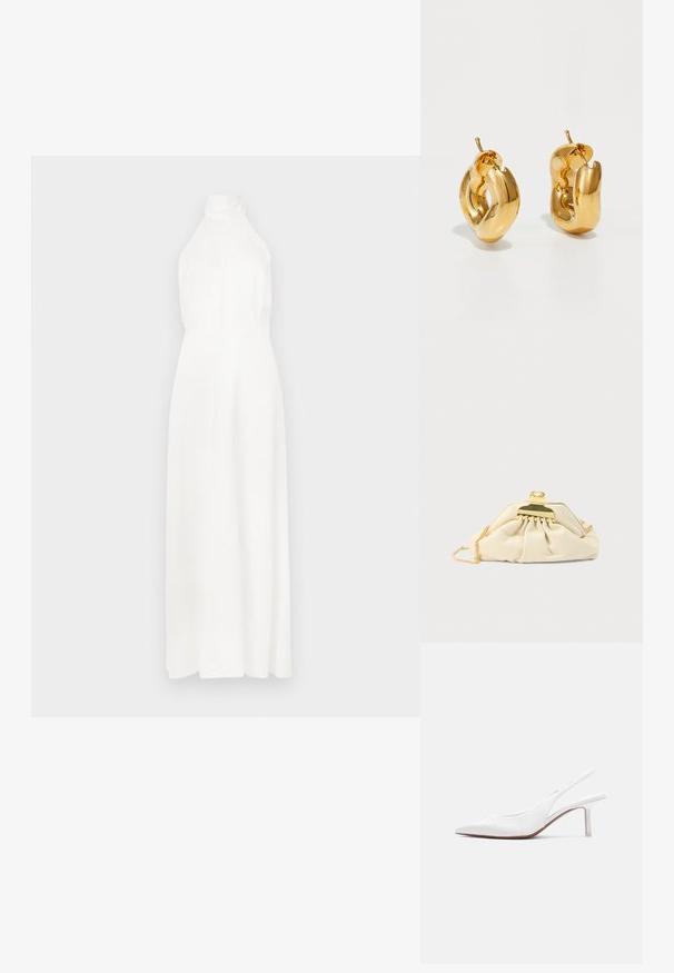 Weißes ärmelloses Maxikleid mit hohem Kragen, glattem Stoff, tailliertem Oberteil und fließendem Rock. Einfaches Design ohne sichtbare Muster.; Damen-Slingback-Schuh aus weißem Leder mit spitzer Spitze, niedrigem Kitten-Heel und kleiner dekorativer Schleife oben, seitlich dargestellt.; Cremefarbene Clutch aus weichem Material mit einem goldfarbenen Verschluss und einer Kettenriemen, mit gerafftem Design am Körper.; Fette goldene Creolen mit einem leicht verdrehten, röhrenförmigen Design und Steckverschlüssen auf einem weißen Hintergrund.