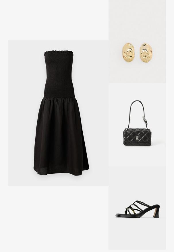 Zwarte strapless jurk met een gesmockte bodice, gerimpelde halslijn en een uitlopende, geplooide rok van lichtgewicht stof.; Zwarte open-toe sandaal met hak, met dunne groenzwart gekruiste bandjes en een uitgewaaierde blokhak op een witte achtergrond.; Zwart leren handtas met een gestikt ontwerp, ronde vorm, korte schouderriem en zilverkleurige hardware met een sluitingdetail.; Goudkleurige metalen oorbellen met een onregelmatige vorm, voorzien van een gepolijste afwerking en subtiele textuurdetails op het oppervlak.