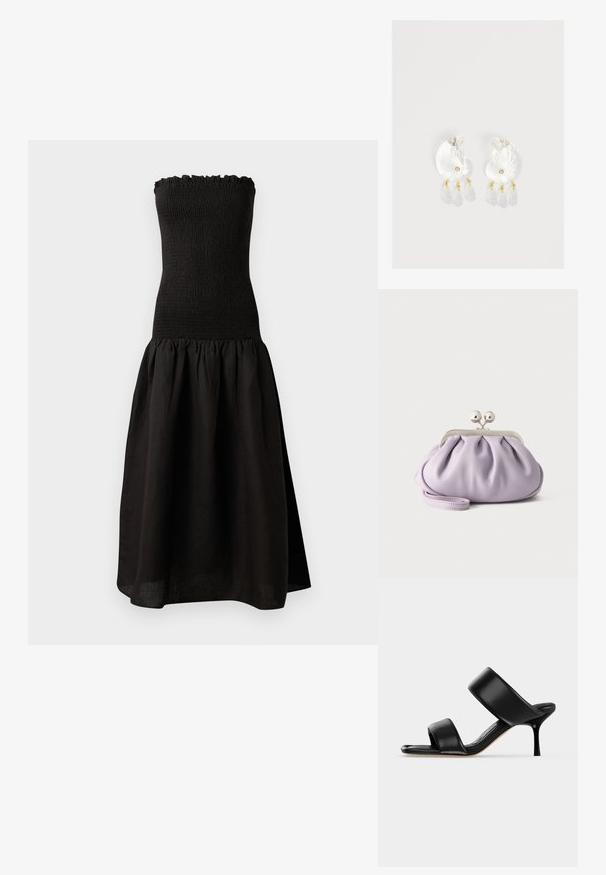 Zwarte strapless jurk met een gesmockte bodice, gerimpelde halslijn en een uitlopende, geplooide rok van lichtgewicht stof.; Zwarte leren mule sandaal met twee brede banden en een slanke, middelhoog stilettohak op een effen lichte achtergrond.; Zachte lavendelkleurige clutch met geplooide stof, zilveren kiss-lock sluiting en bijpassend polsbandje op een effen lichte achtergrond.; Duidelijke hars oorbellen in schelpvorm met kleine gouden accenten en drie hangende doorschijnende druppelvormige bedels aan elk oorbel.