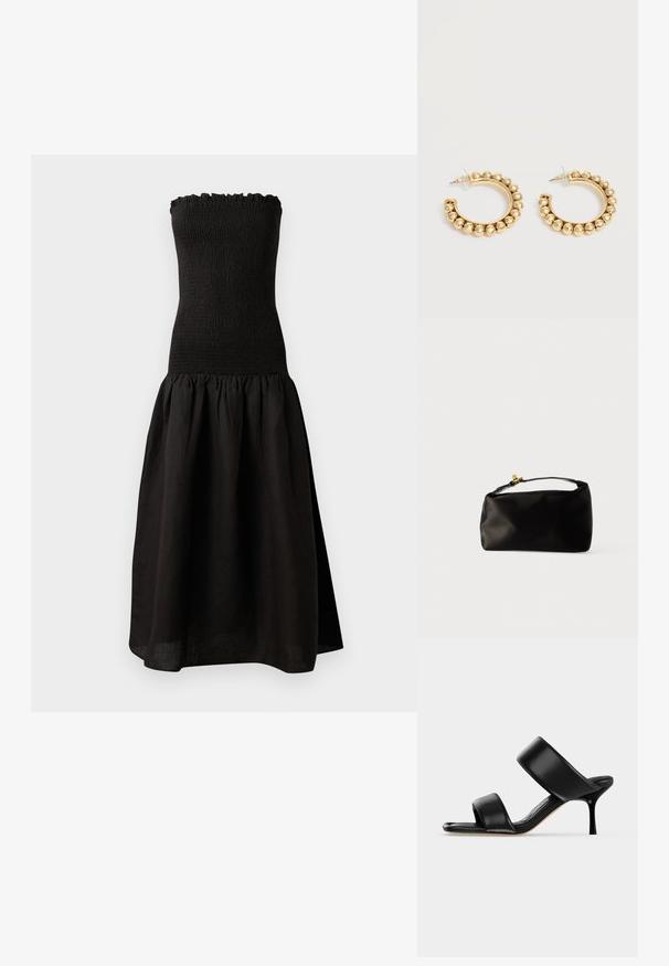 Schwarzes trägerloses Kleid mit einem gerafften Oberteil, Rüschensaum am Hals und einem ausgestellten, gefältelten Rock aus leichtem Stoff.; Schwarze Leder-Mule-Sandale mit zwei breiten Riemen und einem schlanken, mittelhohen Stilettoabsatz auf einem schlichten hellen Hintergrund.; Schwarze Satinbeuteltasche mit runder Form, einem oberen Griff und einem goldenen Verschlussakzent. Glatte Oberfläche mit minimalistischer Gestaltung.; Paar goldfarbene Creolen mit abgerundeten Perlendetails entlang des äußeren Randes auf hellem Hintergrund.