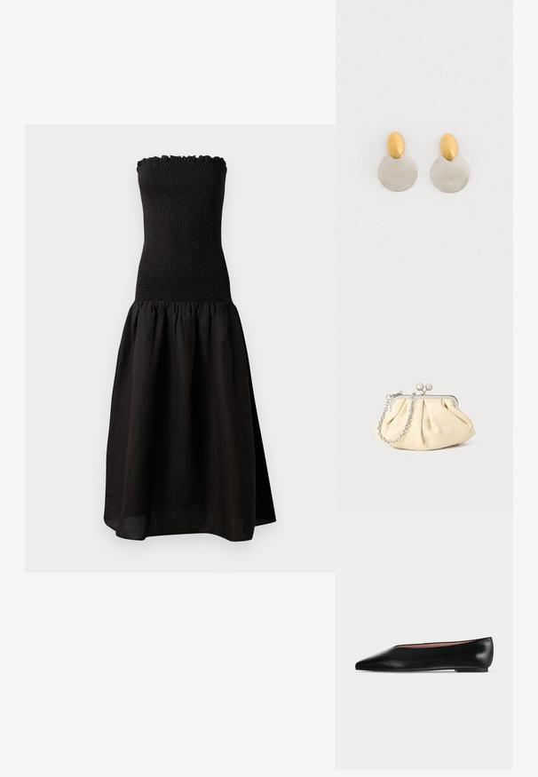 Robe noire sans bretelles avec un corsage smocké, un décolleté froncé, et une jupe évasée et froncée en tissu léger.; Chaussure plate en cuir noir pour femme, avec bout pointu et petit talon, vue de côté sur un fond gris clair uni.; Pochette en cuir beige plissé avec un cadre en métal argenté, dotée de deux fermoirs ronds décoratifs et d'une chaîne en argent.; Boucles d'oreilles en métal doré et argenté avec une base en disque rond et une pièce supérieure ovale, texture lisse et finition polie.