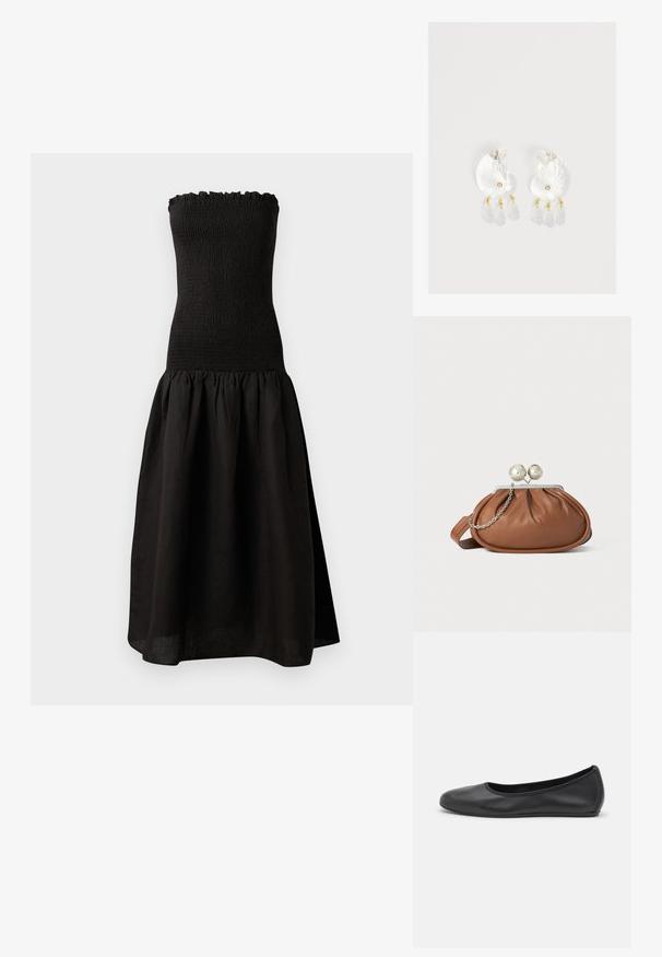 Robe noire sans bretelles avec un corsage smocké, un décolleté froncé, et une jupe évasée et froncée en tissu léger.; Ballerines en cuir noir avec un bout rond, texture lisse, détails de couture minimalistes et design de semelle flexible.; Pochette en cuir marron avec un fermoir à boule en argent et un petit détail en chaîne argentée sur fond blanc.; Boucles d'oreilles en résine transparente en forme de coquillage avec de petits accents dorés et trois breloques translucides en forme de goutte pendantes sur chaque boucle d'oreille.