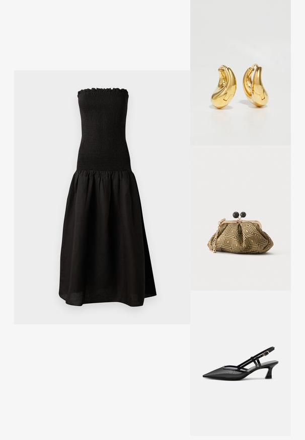 Schwarzes trägerloses Kleid mit einem gerafften Oberteil, Rüschensaum am Hals und einem ausgestellten, gefältelten Rock aus leichtem Stoff.; Schwarzer spitzer Slingback-Schuh mit Mesh-Obermaterial, dünnen Riemen, goldener Schnalle und niedrigem, geschwungenem Absatz auf weißem Hintergrund.; Kleine Clutch mit goldenem und schwarzem geometrischem Muster, goldfarbenem Metallrahmen, schwarzem Kugelverschluss und kurzem goldfarbenem Kettenriemen.; Goldene Creolen mit einer glatten, geschwungenen Form und polierter Oberfläche. Mit einem Verschlussmechanismus und leichten Einkerbungen für Details.