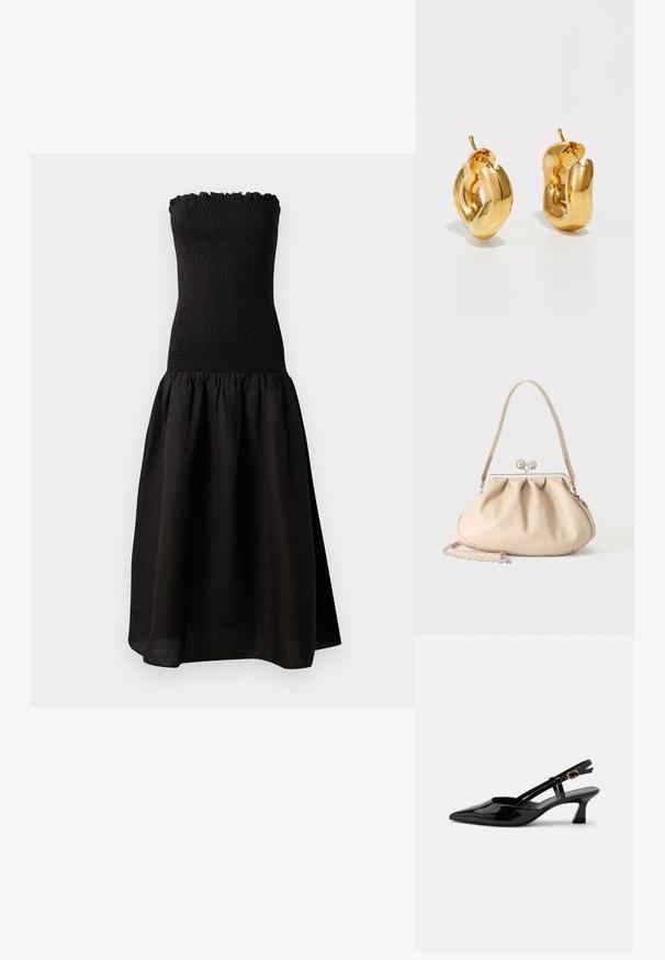 Schwarzes trägerloses Kleid mit einem gerafften Oberteil, Rüschensaum am Hals und einem ausgestellten, gefältelten Rock aus leichtem Stoff.; Schwarzer Slingback-Pumps aus Lackleder mit spitzer Spitze und verstellbarem goldfarbenem Riemen auf weißem Hintergrund.; Beige weiche Lederhandtasche mit silbernem Metallrahmenverschluss, einem Schulterriemen und einem optionalen Kettenriemen auf weißem Hintergrund.; Fette goldene Creolen mit einem leicht verdrehten, röhrenförmigen Design und Steckverschlüssen auf einem weißen Hintergrund.