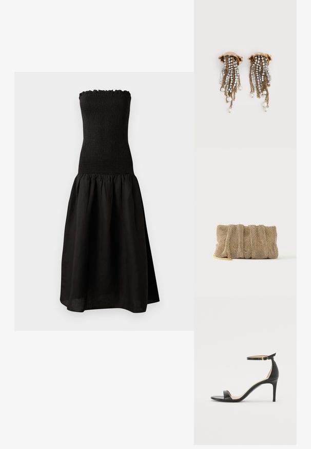 Schwarzes trägerloses Kleid mit einem gerafften Oberteil, Rüschensaum am Hals und einem ausgestellten, gefältelten Rock aus leichtem Stoff.; Schwarze Leder-high-heeled Sandale mit Knöchelriemen. Verfügt über eine glatte Textur, offene Zehen und einen dünnen Absatz. Goldfarbener Schnallenakzent.; Kleine goldene Mesh-Clutch mit gerafftem Design und teilweise sichtbarem goldenen Kettengurt auf einfachem weißem Hintergrund.; Goldfarbene Clip-Ohrringe mit herabfließenden Strassketten und hängenden weißen Perlen auf weißem Hintergrund.
