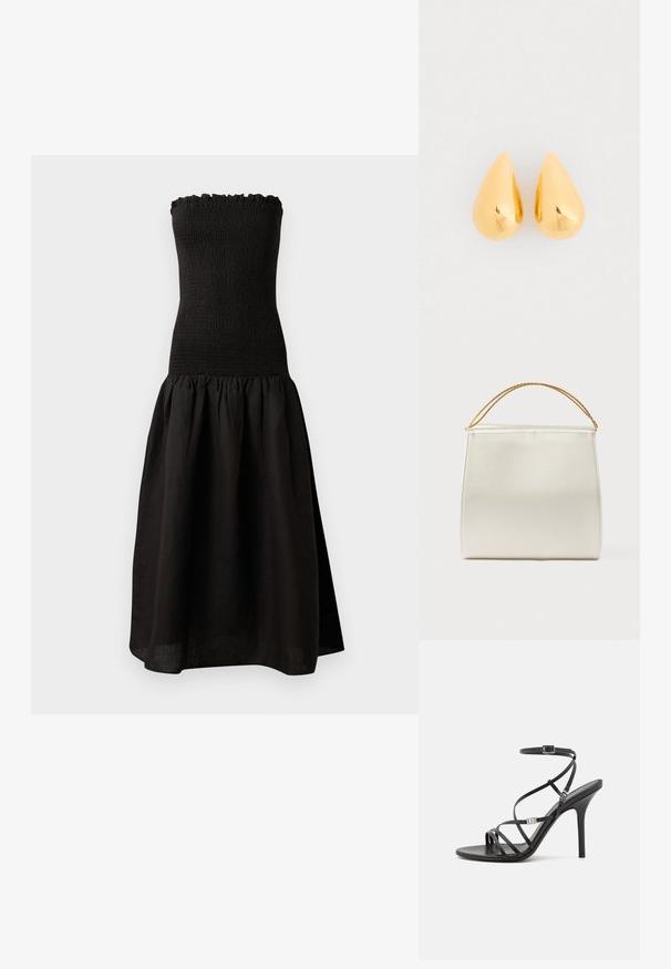 Zwarte strapless jurk met een gesmockte bodice, gerimpelde halslijn en een uitlopende, geplooide rok van lichtgewicht stof.; Zwarte hoge hakken sandaal met dunne banden, een enkelgesp, een gladleren oppervlak en een slanke stilettohak.; Gestructureerde handtas met satijnen afwerking, crèmekleurig, met een schouderriem van ketting. Kenmerkt zich door een vlakke, gladde textuur en nette naden.; Gouden druppelvormige oorbellen met een gladde, gepolijste oppervlakte en ronde onderkanten, die het licht weerkaatsen met een glanzende afwerking.