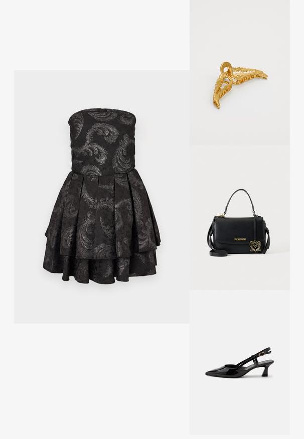 Mustat olkaimettomat mekko, jossa on kerroksellinen hame, ja se on koristeltu hopeisilla paisley-kuvioilla jacquard-kankaalla. Teksturoitu kangas, istuva yläosa.; Musta patenttinen nahka slingback-kengänpohja terävällä kärjellä ja säädettävällä kultaisella solkisella remmillä valkoisella taustalla.; Musta Moschino käsilaukku yläkahvalla, läppäkotelolla, kultaisilla logokirjaimilla ja koristeellisella kullanvärisellä sydämenmuotoisella riipuksella.; Kultainen hiusklipsi, jossa on lehtimuotoilu, tekstuuriset reunat ja kaareva keskiosa. Se on valmistettu metallista, ja siinä on sileä pinta.