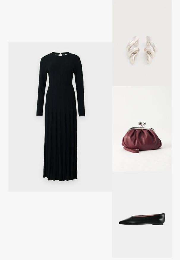 Robe noire à manches longues en tissu tricoté côtelé, avec un corsage ajusté et une jupe évasée à plis. Fermeture au dos avec un petit bouton.; Chaussure plate en cuir noir pour femme, avec bout pointu et petit talon, vue de côté sur un fond gris clair uni.; Petit sac pochette en cuir bordeaux avec fermoir métallique argenté et bracelet sur fond blanc.; Boucles d'oreilles clips en métal argenté torsadé avec une finition lisse et brillante, présentant un design moderne et abstrait en spirale.