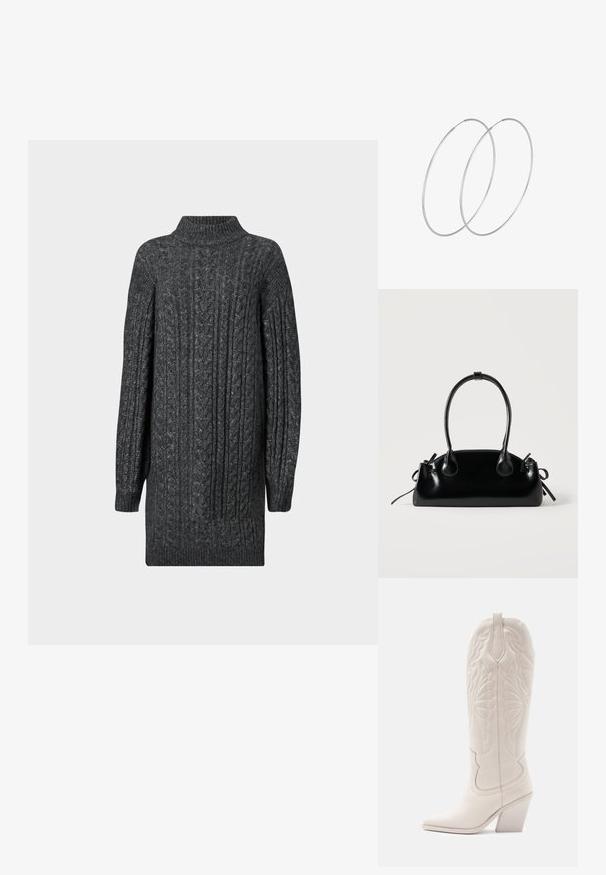 Dunkelgraues, kabelgestricktes, langes Sweaterkleid mit geripptem Stehkragen, Bündchen und Saum auf weißem Hintergrund.; Weiße Leder-Cowboystiefel mit spitzer Zehe und blockiertem Absatz. Sie verfügen über aufwendige Steppmuster am Schaft und eine glatte Textur.; Kleine schwarze glänzende Handtasche mit zwei langen Griffen und seitlichen Kordelzug-Details vor einfachem hellem Hintergrund.; Silberne Creolen mit minimalistischem Design. Rundform, glatte Oberfläche und dünnes Profil. Leichtgewichtig mit hochglänzender Oberfläche.