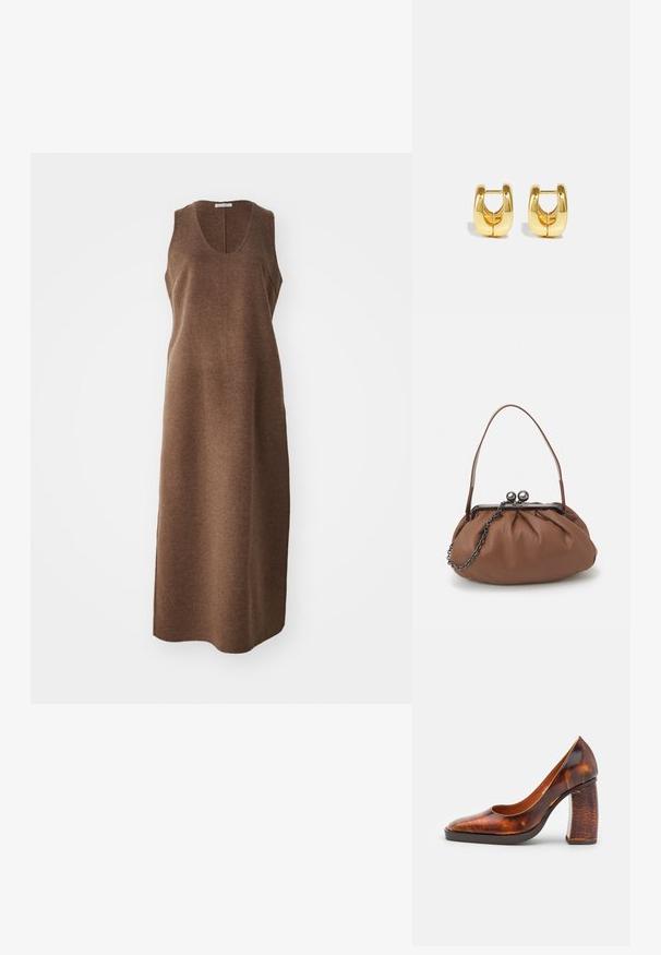 Ærmeløs, knælængde brun uldkjole med rund udskæring og en lige, let tætsiddende silhuet.; ECKHAUS LATTA BOWED COMBO ABRASIVATO - Højhælede pumps - brown; Brun læderhåndtaske med en samlet design, en kort læderhank og en kædestrop. Har en sølvmetalspænde med to runde pynt.; Guld hoops øreringe med et slankt, afrundet design. Har en hul midte og en blank overflade, der komplementerer moderne stilarter.