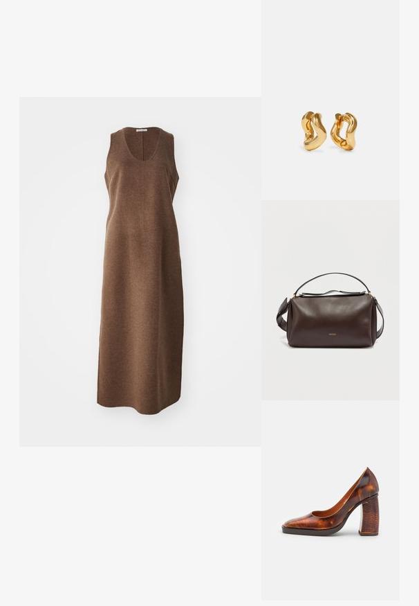 Ærmeløs, knælængde brun uldkjole med rund udskæring og en lige, let tætsiddende silhuet.; ECKHAUS LATTA BOWED COMBO ABRASIVATO - Højhælede pumps - brown; Brun skuldertaske i læder med et struktureret design, der har et gyldent logo, en lynlåslukning øverst og en aftagelig rem. Glat tekstur.; Guldtonede hoops øreringe med et bølget design, der har en glat, blank overflade og en strømlinet form. Ingen synlige spænder.