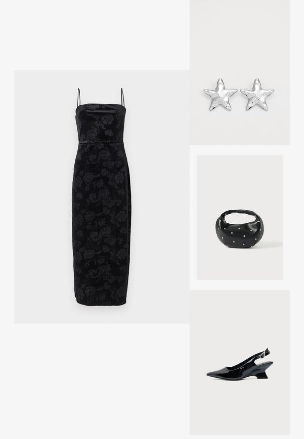 Robe midi en velours noir avec un motif floral subtil, encolure droite et fines bretelles spaghetti.; Chaussure slingback en cuir verni noir avec bout pointu et petit talon bloc incliné sur fond clair uni.; Sac à main en cuir noir de forme arrondie, décoré de clous argentés et équipé d'une poignée courte. Texture lisse et fermeture éclair.; Boucles d'oreilles argentées en forme d'étoile, avec une surface lisse et brillante. Chaque boucle d'oreille possède cinq pointes et des détails subtils de texture de surface.