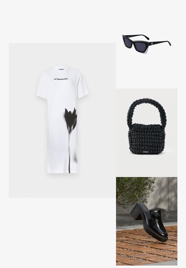 Biele šaty s tričkovým strihom, ktoré sú ozdobené čiernym striekaným kvetinovým dizajnom. Zobrazené logo "karl lagerfeld jeans" v čiernej farbe, okrúhly výstrih, krátke rukávy.; Čierne kožené šľapky Calvin Klein s blokovým podpätkom, ktoré oddychujú na drevených dlaždiciach vonku blízko zelenej rastliny a šedej steny.; Čierne oversized slnečné okuliare s geometrickým tvarom, s tmavými šošovkami a kontrastným šedým detailom na ráme. Logo na mostíku.; Malá čierna prešívaná kabelka s krátkym polstrovaným uchom a nálepkou "HUGO" na prednej strane, vystavená na jednoduchom svetlom pozadí.