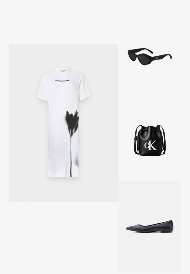 Biele šaty s tričkovým strihom, ktoré sú ozdobené čiernym striekaným kvetinovým dizajnom. Zobrazené logo "karl lagerfeld jeans" v čiernej farbe, okrúhly výstrih, krátke rukávy.; Čierna kožená balerína s špičatou špičkou a nízkym podpätkom, zobrazená z profilu na bielom pozadí.; Čierne slnečné okuliare v štýle mačacích očí s lesklým povrchom, tmavými sklami a logom "cK" na spánku. Ostrý dizajn a hrubé rámy.; Čierna kožená bucket taška so sťahovacou šnúrkou na vrchu a bielym logom "cK" na prednej strane, vybavená nastaviteľným ramenným popruhom.