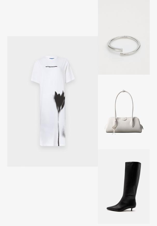 Witte t-shirt jurk met een zwart spray-geverfd bloemenontwerp. Weergegeven logo "karl lagerfeld jeans" in zwart, ronde halslijn, korte mouwen.; Zwarte leren kniehoge laars met puntige neus en lage kittenhak tegen een effen lichte achtergrond.; Witte Calvin Klein schoudertas met lange hengsels, rechthoekige vorm, ritssluiting en decoratieve logohanger bij het hengsel.; Calvin Klein SPIRAL - Armband - silver-coloured