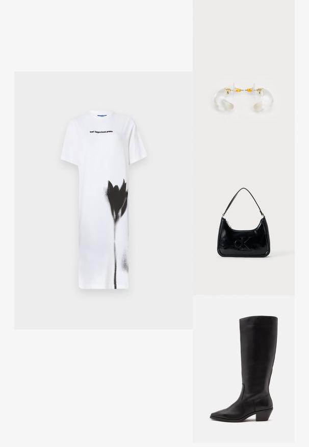 Valge T-särk-kleit, millel on musta spray-pinnaga lillekujundus. Kuvatud "karl lagerfeld jeans" logo mustas, ümar kaelus, lühikesed varrukad.; Must nahktõmmiku keskmise säärega saabas, millel on terav nina ja madal kaldu konts heledal ühevärvilisel taustal.; Must musta kott, millel on kaarjas ülemine käepide, lukuga sulgemine ja esiküljel tõstetud "cK" logo. Sile tekstuur, struktureeritud kuju.; Selged akrüülringid kuldsete aktsentidega, kõveriku disainiga ja läbipaistva klammerdiga. Sujuv tekstuur, minimalismi stiil.