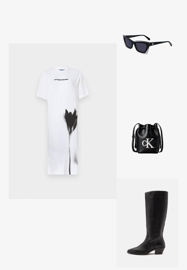Vestido blanco de camiseta con un diseño de flor pintada en spray negro. Logo "karl lagerfeld jeans" en negro, cuello redondo, mangas cortas.; Bota de cuero negra hasta la mitad de la pantorrilla con puntera puntiaguda y tacón bajo inclinado sobre un fondo claro y liso.; Gafas de sol negras de gran tamaño con una forma geométrica, que presentan lentes oscuros y un detalle gris contrastante en la montura. Logo en la pata.; Bolso tipo bucket de cuero negro con cierre de cordón en la parte superior y logotipo blanco "cK" en la parte frontal, con una correa de hombro ajustable.
