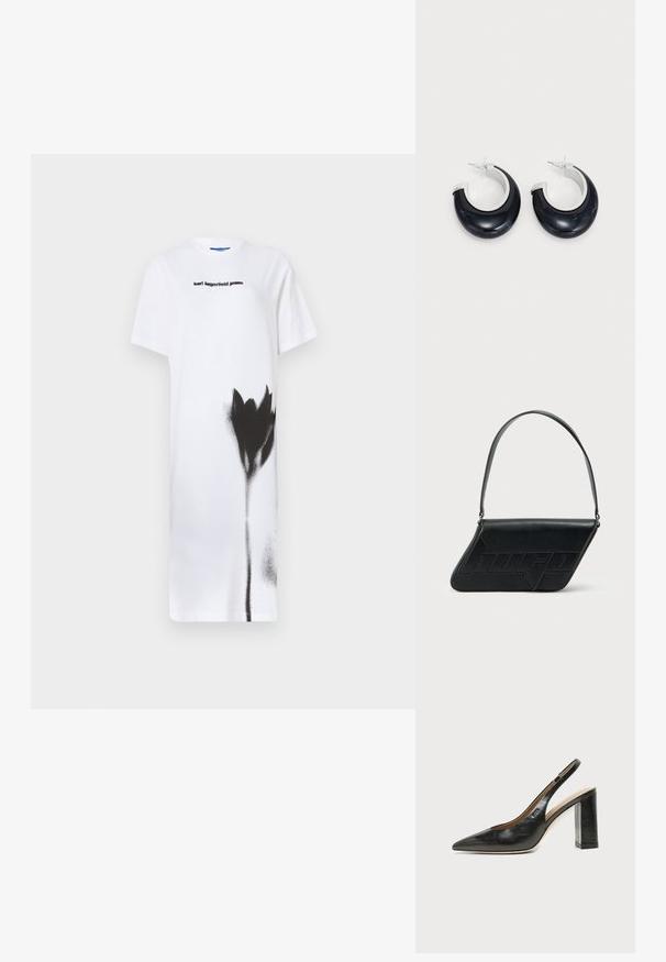 Biele šaty s tričkovým strihom, ktoré sú ozdobené čiernym striekaným kvetinovým dizajnom. Zobrazené logo "karl lagerfeld jeans" v čiernej farbe, okrúhly výstrih, krátke rukávy.; Čierna kožená slingback obuv s špicatou špičkou, vysokým hrubým podpätkom a béžovou vnútornou podšívkou na svetlom jednofarebnom pozadí.; Čierna kožená taška cez rameno v trojuholníkovom tvare, s vyrazeným logom a jedným nastaviteľným pásikom. Minimalistický dizajn s hladkou textúrou.; Čierne zŕnené kruhové náušnice s lesklým povrchom a akcentmi zo strieborného tónu. Kruhový tvar s výrezom a uzavretím na klip.