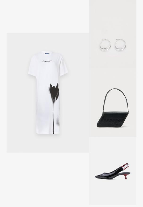 Witte t-shirt jurk met een zwart spray-geverfd bloemenontwerp. Weergegeven logo "karl lagerfeld jeans" in zwart, ronde halslijn, korte mouwen.; Zwarte lakleren slingback-schoen met een spitse neus, rode kittenhak en een elastische witte band met zwarte en rode rand.; Zwarte leren schoudertas met een driehoekige vorm, geperst logo en een enkele verstelbare riem. Minimalistisch ontwerp met een gladde textuur.; Zilveren creolen met een gepolijste afwerking en DKNY-branding, weergegeven tegen een effen witte achtergrond.